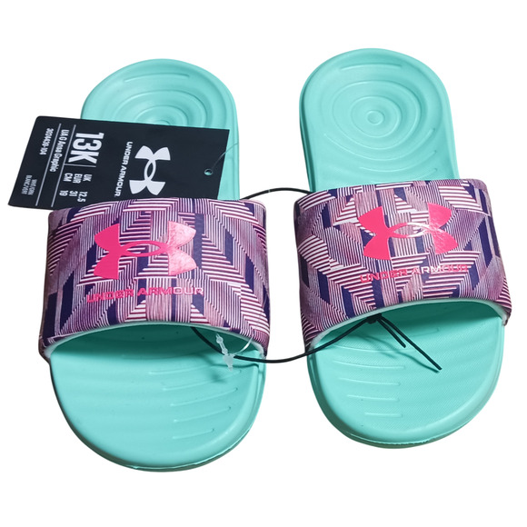 Under Armour Youth Girl's Ansa Graphic Slide Sandals Green/Multicolor Size 13K - Picture 2 of 14